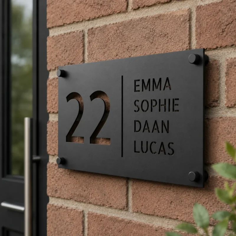 Personalisiertes Edelstahl-Türschild für die Haustür mit schwarzer Pulverbeschichtung
