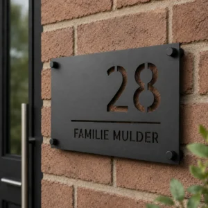 Personalisiertes Edelstahl-Türschild für die Haustür mit schwarzer Pulverbeschichtung