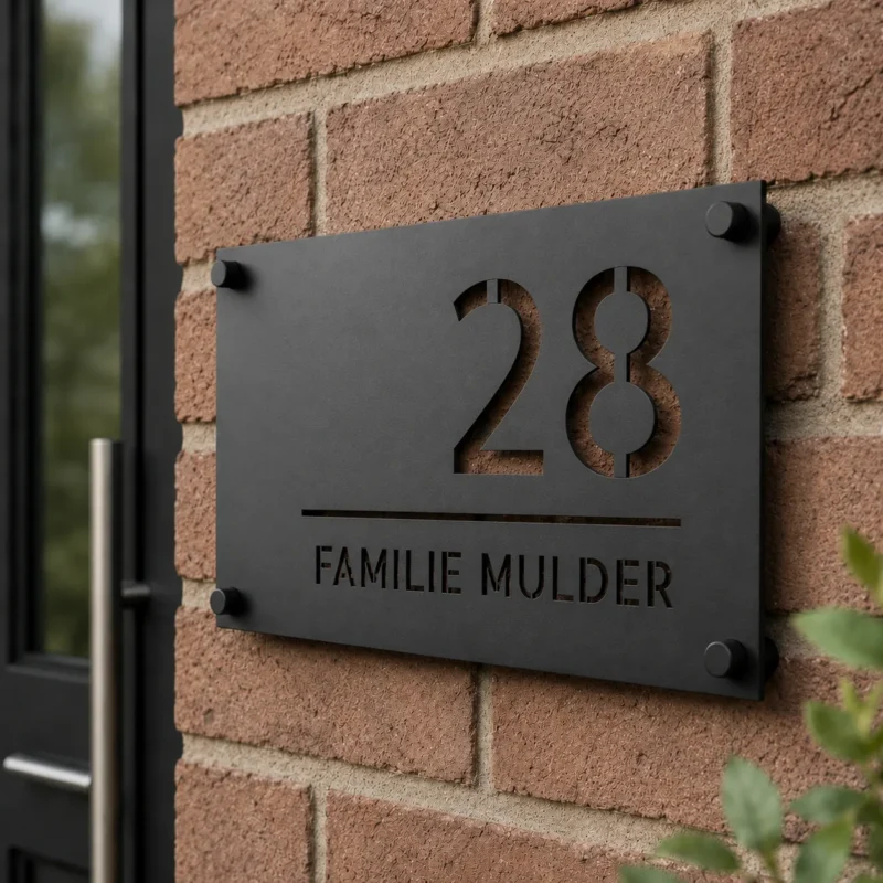 Personalisiertes Edelstahl-Türschild für die Haustür mit schwarzer Pulverbeschichtung
