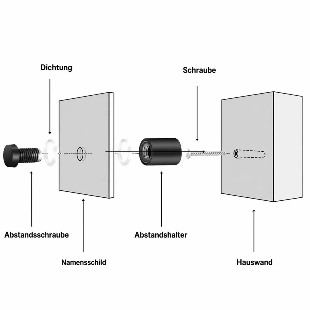 Montage eines Türschilds mit Abstandshaltern an der Hauswand: Abstandsschraube, Dichtung, Abstandshalter und Schraube